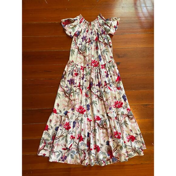 Guadalupe Women’s Maxi Dress Floral Bird Print Cotton Boho Peasant Off Shoulder - Picture 7 of 12